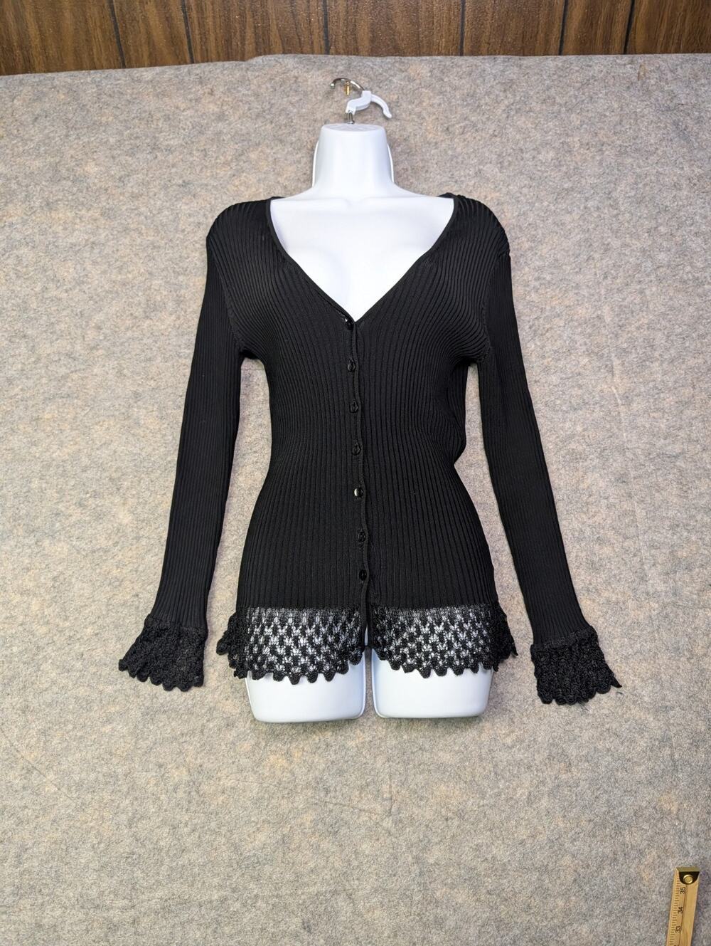 Y2K Cache Black Crochet Hem Button Front Ribbed Cardigan Whimsy Goth 90s Medium
